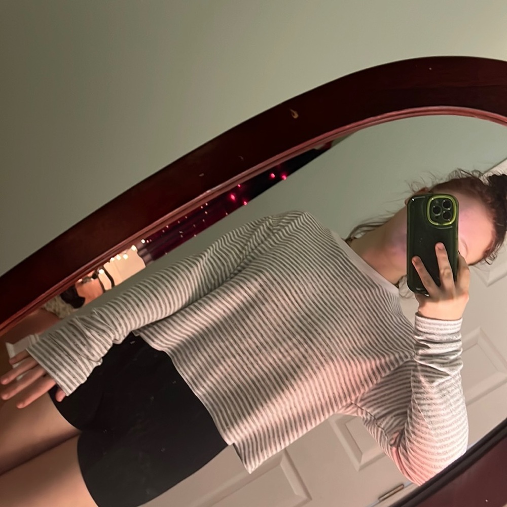 Wild Fable Stripped Gray and White Cropped Asymmetric Sweater Tee